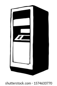Web line store loan display bancomat kiosk pin code keypad teller device on white paper. Outline black hand drawn earn dollar bill salary monitor logo sign icon concept sketch in graphic cartoon style