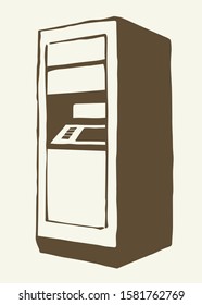 Web line store loan display bancomat kiosk pin code keypad teller device on white paper. Outline black hand drawn earn dollar bill salary monitor logo sign icon concept sketch in graphic cartoon style