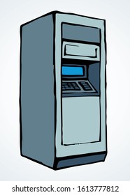 Web line store loan display bancomat kiosk pin code keypad teller device on white paper. Outline black hand drawn earn dollar bill salary monitor logo sign icon concept sketch in graphic cartoon style