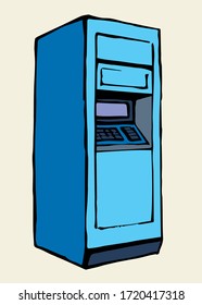 Web line store loan display bancomat kiosk pin code keypad teller device on white paper. Outline black hand drawn earn dollar bill salary monitor logo sign icon concept sketch in graphic cartoon style