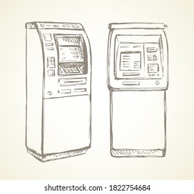 Web Line Store Loan Display Bancomat Kiosk Pin Code Keypad Teller Device On White Paper. Outline Black Hand Drawn Earn Dollar Bill Salary Monitor Logo Sign Icon Concept Sketch In Graphic Cartoon Style