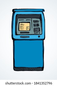 Web Line Store Loan Display Bancomat Kiosk Pin Code Keypad Teller Device On White Paper. Blue Color Hand Drawn Earn Dollar Bill Salary Monitor Keyboard Logo Sign Icon Concept In Graphic Cartoon Style