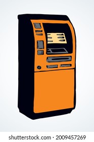 Web Line Store Loan Display Bancomat Kiosk Pin Code Keypad Teller Device White Paper. Orange Color Hand Drawn Earn Dollar Bill Salary Monitor Keyboard Logo Sign Icon Concept In Graphic Cartoon Style