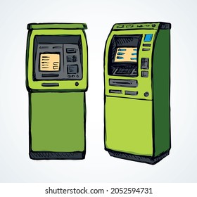 Web Line Store Loan Display Bancomat Kiosk Pin Code Keypad Teller Device On White Paper. Green Color Hand Drawn Earn Dollar Bill Salary Monitor Keyboard Logo Sign Icon Concept In Graphic Cartoon Style