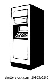 Web Line Store Loan Display Bancomat Kiosk Pin Code Keypad Teller Device On White Paper. Outline Black Hand Drawn Earn Dollar Bill Salary Monitor Logo Sign Icon Concept Sketch In Graphic Cartoon Style