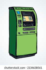 Web Line Store Loan Display Bancomat Kiosk Pin Code Keypad Teller Device On White Paper. Green Color Hand Drawn Earn Dollar Bill Salary Monitor Keyboard Logo Sign Icon Concept In Graphic Cartoon Style