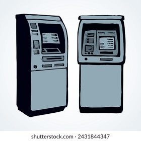 Webline-Store-Leihanzeige Bancomat Kiosk Pin Code-Tastatur-Bankschalter-Gerät auf weißem Papier. Outline Schwarz Hand gezeichnet Verdienen Dollar-Rechnung Gehalt Monitor Logo-Zeichen-Symbol-Konzept-Skizze im Grafik-Cartoon-Stil