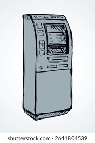 Web line store loan display bancomat kiosk pin code keypad teller device on white paper. Outline black hand drawn earn dollar bill salary monitor logo sign icon concept sketch in graphic cartoon style