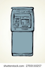 Web line store loan display bancomat kiosk pin code keypad teller device on white paper. Outline black hand drawn earn dollar bill salary monitor logo sign icon concept sketch in graphic cartoon style