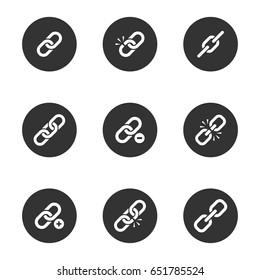 Web Link Icon Set, Metal Chain Images For Effective Business Communication In Network, Strong Connection. Vector Flat Style Illustration Isolated On White Background