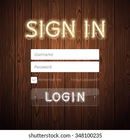 Web Login Form Template with Neon Lights on Wooden Background. Used pattern brushes included. There are fastening elements in a symbol palette.