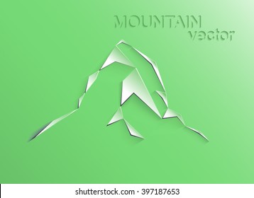 Web logo of  mountains peak (Matterhorn) with shadows. Can be used as sports badge, emblem of mineral water, tourism banner, travel icon, sign, decor... Green background.