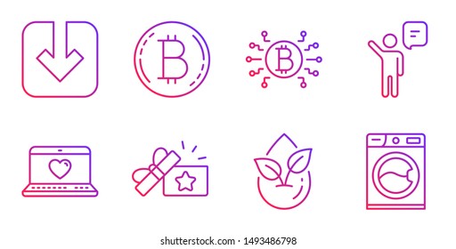 Web love, Loyalty gift and Bitcoin line icons set. Agent, Bitcoin system and Load document signs. Organic product, Washing machine symbols. Social network, Bonus award. Technology set. Vector