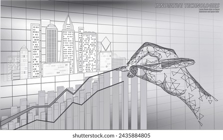 Web Low poly smart city 3D growing graph. Intelligent building automation system business concept. hand with pen point. Architecture urban cityscape technology banner vector illustration.