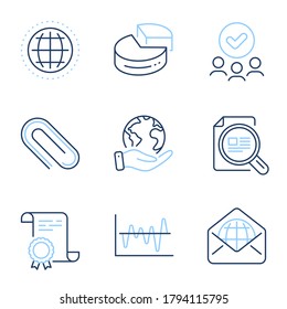 Web mail, Pie chart and Stock analysis line icons set. Diploma certificate, save planet, group of people. Paper clip, Check article and Globe signs. Vector