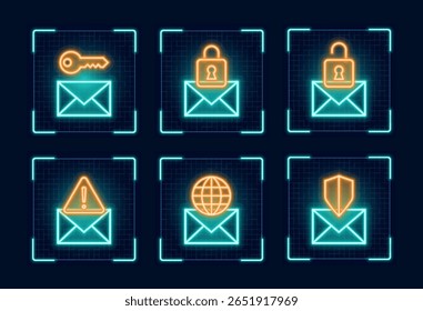  Símbolo de segurança de Web mail definido, visual de néon cibernético, vetor de grade de borda brilhante.