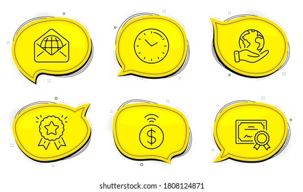 Webmail-Zeichen. Diploma-Zertifikat, retten Sie Chat-Blasen auf dem Planeten. Ranking-Stern, kontaktlose Zahlung und Zeitlinien-Symbole. Gewinnermedaille, finanzielle Zahlung, Uhr. Weltkommunikation. Vektorgrafik