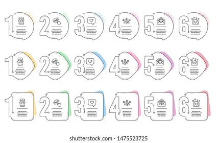 Web mail, Star and Love message line icons set. Infographic timeline. Graph chart, Love mail and Correct answer signs. World communication, Phone feedback, Dating service. Get report. Vector