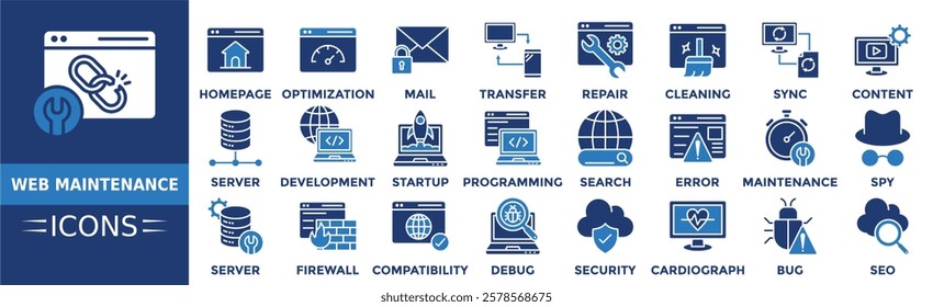 Web maintenance icon set. Containing homepage, optimization, mail, transfer, repair, server, startup and more. Solid vector icons collection