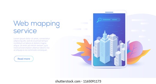 Web mapping app isometric vector illustration. Real estate or house searching service concept. Online gps navigation website layout.