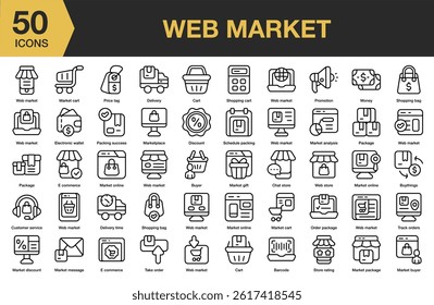 Web Market icon set. Includes web, business, digital, technology, marketing, online, and More. Outline icons vector collection.