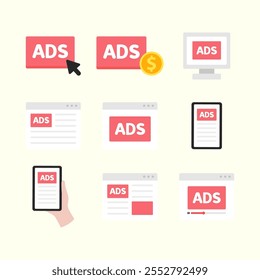 Conjunto de iconos de anuncios de marketing de Web. Publicidad, SEO, promoción, negocios, en línea, conceptos de marketing. Ilustración aislada de diseño de Vector plano.