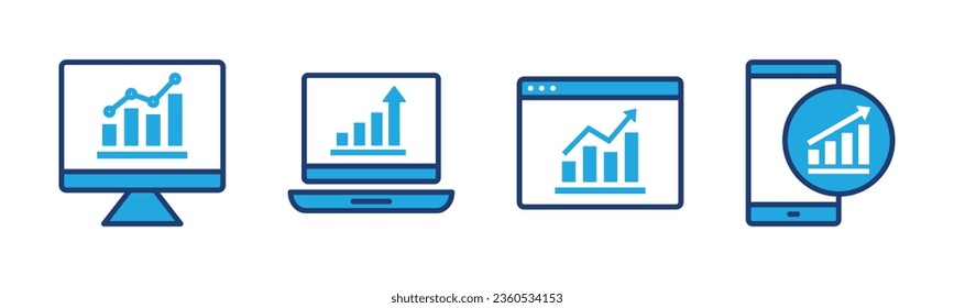 Set für Web-Marketing-Analytics-Symbole. Datenanalyse, Infografik Symbol im Farbstil. Graph auf Geräten wachsen. Vektorgrafik