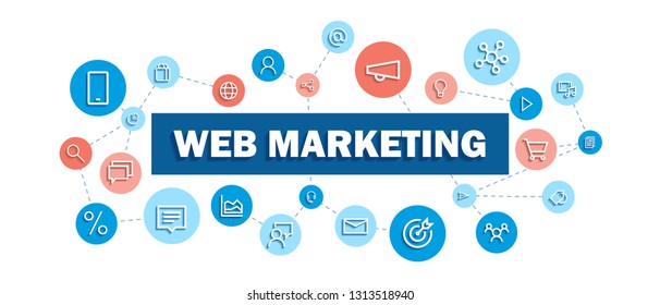 WEB MARKETING concept banner with network of colorful icons