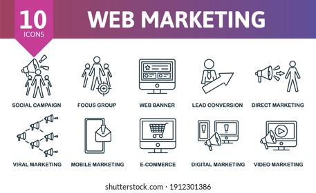 Web Marketing icon set. Collection contain target, direct marketing, focus group, web banner, social campaing and over icons. Web Marketing elements set.