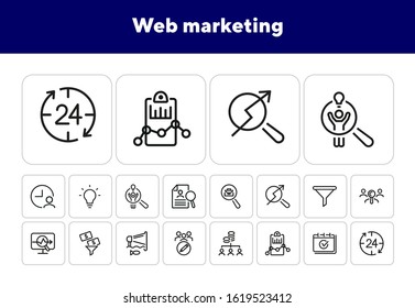 Web marketing line icon set. Announcement, idea, target audience, money filter. Business concept. Can be used for topics like SEO, internet advertising, analysis