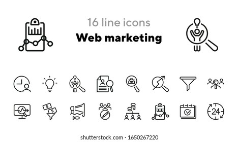 Conjunto de iconos de línea de marketing web. Anuncio, idea, público objetivo, filtro de dinero. Concepto de negocio. Se puede utilizar para temas como SEO, publicidad en Internet, análisis