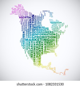 Web marketing word cloud business concept. Typography design text block. Colorful composition from words for web design. North America map created from text.