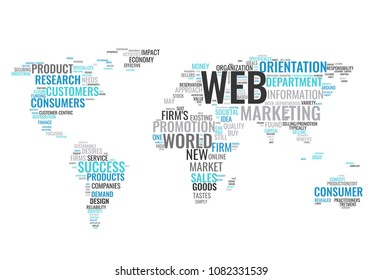 Web marketing word cloud business concept. Typography design text block. Composition from words for web design. Light blue and gray world map created from text