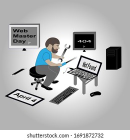 Web Master Day greeting card. We see web master with tools surounded by computers.