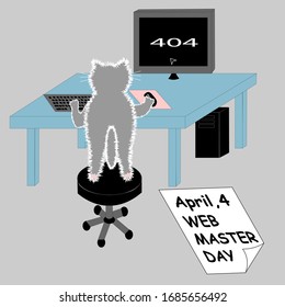 Web Master's Day greeting card. Cat is standing on it's toes and looking at the computer monitor. There is 404 error on it - File Not Found. 