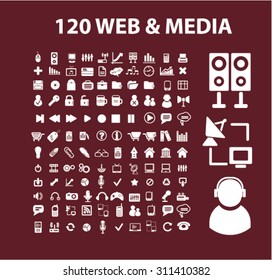 web, medios, música, iconos informáticos, signos, conjunto de ilustraciones, vector