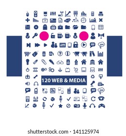 web, media, music, video, office, design, blue icons set, vector