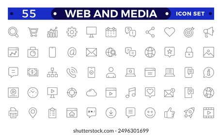 Conjunto de iconos de línea delgada de Web y medios. 
