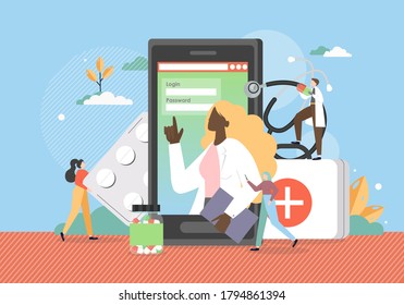 Web medicine flat vector concept illustration. Online medical information, advice, answer on prescription drugs questions. Mobile health care. Online diagnosis, doctor consultation, treatment service.