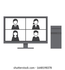 Equipo de sobremesa para reuniones web Ilustración simple, 4 personas, blanco y negro