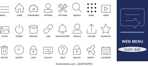 Conjunto de iconos de menú de Web. Iconos de línea limpios y mínimos para menús de Web y navegación. Ideal para interfaz de usuario, App móviles, Sitios web e interfaces digitales. Perfecto para el diseño moderno y prototipado.