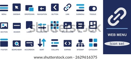 Web menu icon set in flat style. Includes menu, sidebar, dropdown, link, button, submenu, header, footer, pagination, sitemap, grid, and search bar.