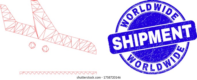 Web mesh airplane landing icon and Worldwide Shipment seal. Blue vector round grunge seal with Worldwide Shipment phrase. Abstract carcass mesh polygonal model created from airplane landing icon.