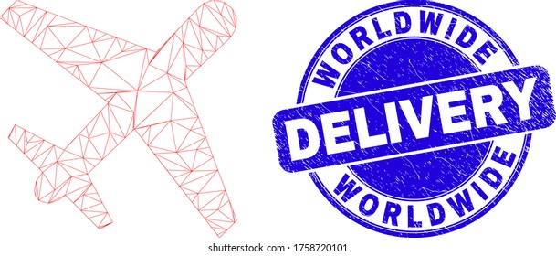 Web mesh airplane pictogram and Worldwide Delivery stamp. Blue vector rounded grunge seal with Worldwide Delivery phrase. Abstract carcass mesh polygonal model created from airplane pictogram.