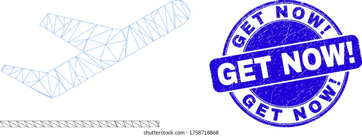 Web Mesh Airplane Takeoff Icon And Get Now! Seal. Blue Vector Round Grunge Seal With Get Now! Message. Abstract Frame Mesh Polygonal Model Created From Airplane Takeoff Icon.