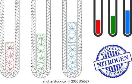 Web mesh analysis test tubes vector icon, and blue round NITROGEN dirty stamp seal. NITROGEN stamp uses round template and blue color. Flat 2d model created from analysis test tubes icon.
