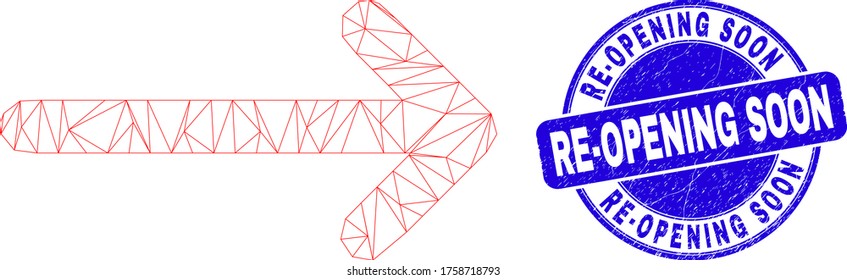 Web mesh arrow right icon and Re-Opening Soon seal. Blue vector round scratched seal stamp with Re-Opening Soon message. Abstract frame mesh polygonal model created from arrow right icon.