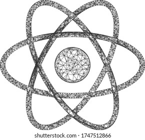 Web mesh atom vector icon. Flat 2d carcass created from atom pictogram. Abstract carcass mesh polygonal atom. Linear carcass flat mesh in vector format, on a white background.