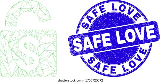 Icono de bloqueo de banco de malla web y marca de agua Safe Love. Sello de distrés redondeado vector azul con título de Amo seguro. Resumen modelo poligonal de malla de canal creado a partir del icono de bloqueo de banco.