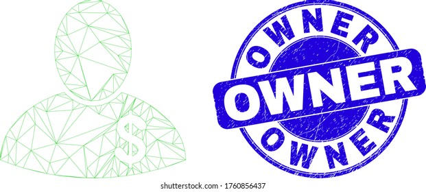 Icono de banco de malla web y sello de sello del propietario. Sello de sello de sello de borrón redondeado con vector azul con mensaje Propietario. Resumen modelo poligonal de malla de marco creado a partir del icono del banquero.